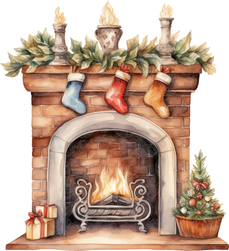 Christmas fireplace with stockings candles garland gifts and small decorated tree Grey Barn Handwerk Saskatchewan